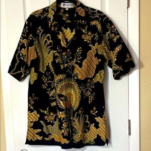 Men’s New batik print shirt point collar short sleeve blackgold metallic bird 18